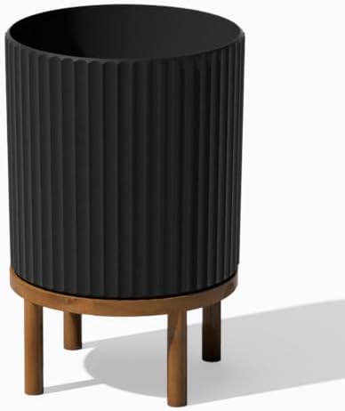Veradek Demi Series Round Planter w/ Stand for Porch/Patio | Durable Plastic-Concrete & Wooden Stand | Modern Décor for Tall Plants, Flowers by VeradekOutdoor