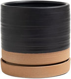 HERDUK 6 Inch Plant Pots, Ceramic Planter Pot with Drainage Hole & Saucer, Indoor/Outdoor Cylinder Round Planter Pot, Matte Black & Brown by Herduk