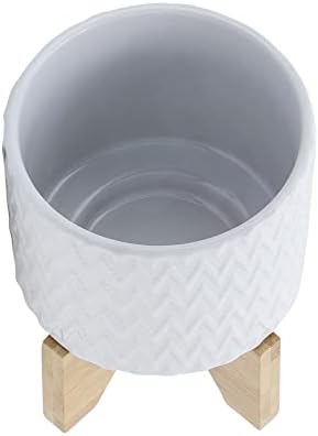 Modern Ceramic Planters with Wood Stand for Home Decor Elegant Flower Pots for Entryway, Garden, and Patio - Decorative Raised Container for Indoor and Outdoor Plants - 8", White & Tan - Image 5