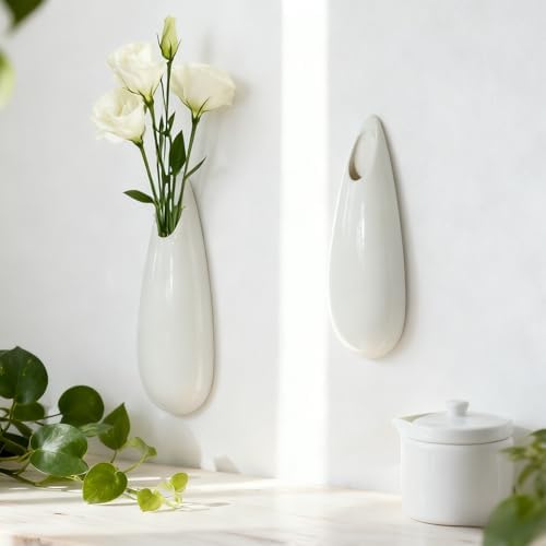White Ceramic Wall Vases, Set of 2, 7.9 Inch, Teardrop Design - Image 5