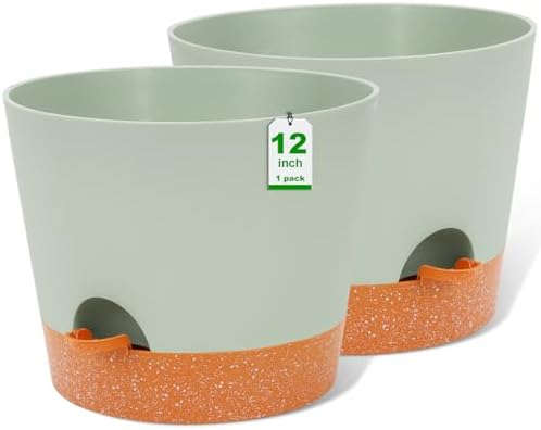 GARDIFE 12 inch Plant Pots, planters, Self Watering Pots, 2 Pack Large Plastic Flower pots with Deep Reservior and High Drainage Holes for Indoor Outdoor Plants and Flowers, Green by GARDIFE