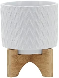 Modern Ceramic Planters with Wood Stand for Home Decor Elegant Flower Pots for Entryway, Garden, and Patio - Decorative Raised Container for Indoor and Outdoor Plants - 8", White & Tan by NESSANDJORD
