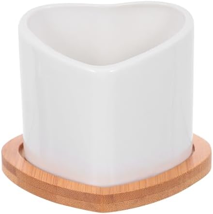 IMIKEYA Mini Succulent Flowerpot White Ceramic Planter with Bamboo Saucer by IMIKEYA