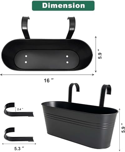 16 Inch Railing Planter Box, 5 Pack Large Metal Hanging Planters with Hooks - Image 2