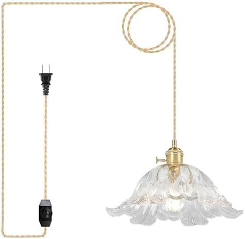 Plug in Pendant Light Fixtures,Hanging Light Fixture Flower Transparent Glass Pendant Light 11 inch E26 Pendant Lighting for Kitchen Island, Bedroom, Dining Room, Living Room by Loiogohot