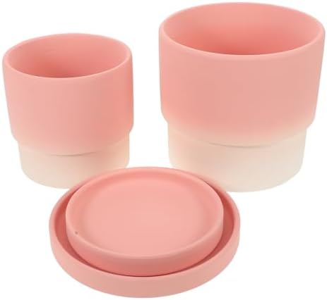 Ceramic Flower Pot Set 2pcs, Gradient Pink Round Terracotta Planters with Drainage Saucer, Breathable Succulent Containers for Indoor Desk and Bathroom Plants by FELTECHELECTR