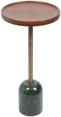 Kate and Laurel Shorrock Round Mango Wood Side Table, 12 x 12 x 24, Walnut Brown, Brass, and Green Marble, Modern Pedestal End Table with Marble Base for Bedroom Nightstand or Living Room Plant Stand by KateandLaurel
