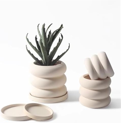Planter Beige Ceramic Flower Pot, Spiral Shape Small Plant Pots, with Drainage Holes and Saucers Tray Tabletop Planter, for Balcony Garden Office Flower Pots - Image 4