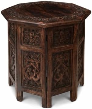 End Tables for Living Room– Hand Carved Vintage Boho Folding Side Tables for Small Spaces, Entryway, Living Room, Bedroom – No Tools Assembly, 18"x18" Octagon, Scorch Burnt Finish by TheWoodenTown
