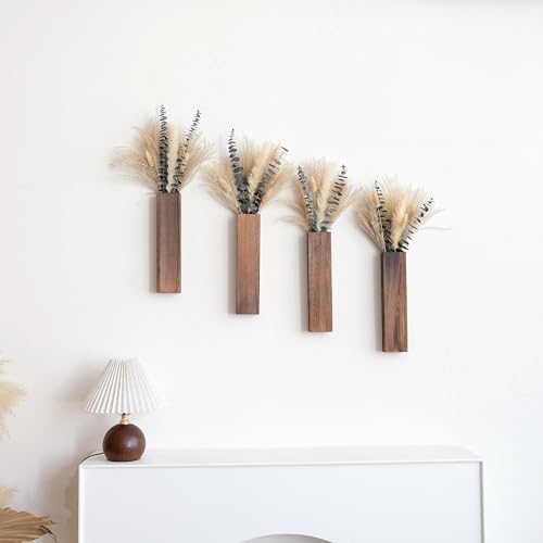 Wall Vase Set of 4 – Wooden Hanging Vases with Pampas Grass & Eucalyptus Dried Flowers – Modern Farmhouse Home Decor for Living Room, Entryway, Bathroom, Hallway & Dining Room - Image 6