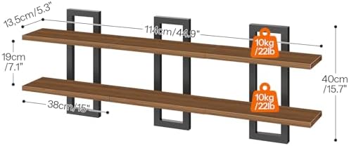 HOOBRO Floating Shelves, 15 Inch Wall Shelf Set of 3, Wall Mounted Storage Shelves 2-Tier, Hanging Bathroom Shelves, for Living Room, Bedroom, Bathroom, Kitchen, Walnut and Black BH32BJP301 - Image 2