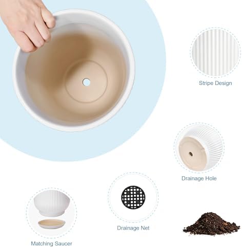 Deep Dream 10 Inch Ceramic Pots for Plants, Heavy Plant Pot for Indoor Outdoor Plants, Large Plant Pot with Drainage Hole and Saucer, Modern Tall Flower Pot, Gifts for Plant Lovers, White - Image 5