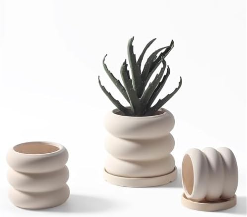 Planter Beige Ceramic Flower Pot, Spiral Shape Small Plant Pots, with Drainage Holes and Saucers Tray Tabletop Planter, for Balcony Garden Office Flower Pots - Image 6