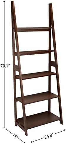 Amazon Basics 5-Tier Ladder Bookshelf Storage Organizer, Solid Rubberwood Frame, Space-Saving Bookcase, Sturdy Shelves, Walnut Finish, 14" D x 24.8" W x 70.1" H - Image 3
