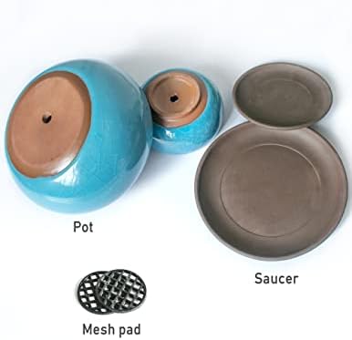 Dahlia Round Ceramic Succulent Pot/Bonsai Pot with Drainage Tray, 2pc Set Teal - Image 6
