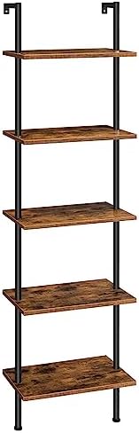 HOOBRO DIY Ladder Shelf, 5-Tier Wooden Wall Mounted Bookshelf, Narrow Bookcase, Display Shelf, Storage Rack, Plant Stand, for Living Room, Bedroom, Study, Balcony, Rustic Brown and Black BF531CJ01 by HOOBRO