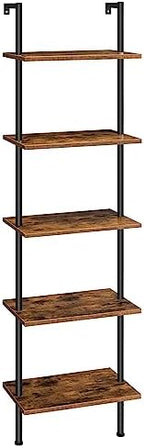 HOOBRO DIY Ladder Shelf, 5-Tier Wooden Wall Mounted Bookshelf, Narrow Bookcase, Display Shelf, Storage Rack, Plant Stand, for Living Room, Bedroom, Study, Balcony, Rustic Brown and Black BF531CJ01 by HOOBRO