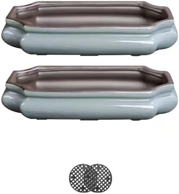 10-Inch Shallow Bonsai Pots, Water Glaze Blue, 2-Piece Set by HUOMUSIR