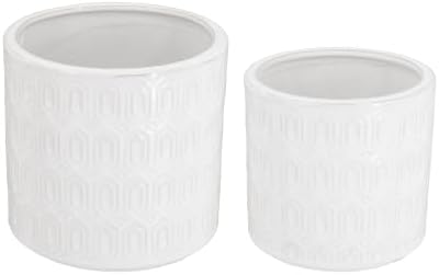 Planters, White Ceramic with Geometric Pattern, Set of 2 - Image 2
