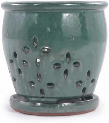 Ceramic Orchid Pot with Drainage Holes and Saucer, Vent Holes，Green 5.9 in by Unknown