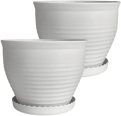 13.8 Inch Round Plastic Planters Urns, Set of 2, White Flower Pots - Image 4