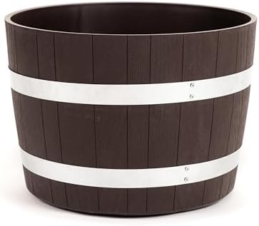 RTS Home Accents Better Barrel 18-Inch Outdoor Planter, Walnut – Rustic Whiskey Barrel Style Heavy-Duty Resin Pot with Rusting Steel Bands for Patio, Porch & Garden by RTSCompaniesInc