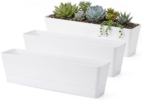 GREANER Window Boxes Planters, 3PCS 16x3.8 Inch Large Herb Planters with Tray, Indoor Succulent Cactus Flowers Vegetable Plastic Rectangle Pots for Balcony, Office, Garden, Outdoor, Windowsill (White) by GREANER