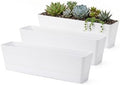 GREANER Window Boxes Planters, 3PCS 16x3.8 Inch Large Herb Planters with Tray, Indoor Succulent Cactus Flowers Vegetable Plastic Rectangle Pots for Balcony, Office, Garden, Outdoor, Windowsill (White) by GREANER