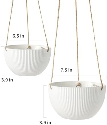 UBEE Ceramic Hanging Planters Indoor Outdoor, 7.5 Inch + 6.5 Inch Hanging Flower Pot for Plants Hanging Basket for Succulent Pothos Herbs Window Home Decor, 2 Pack, White - Image 3