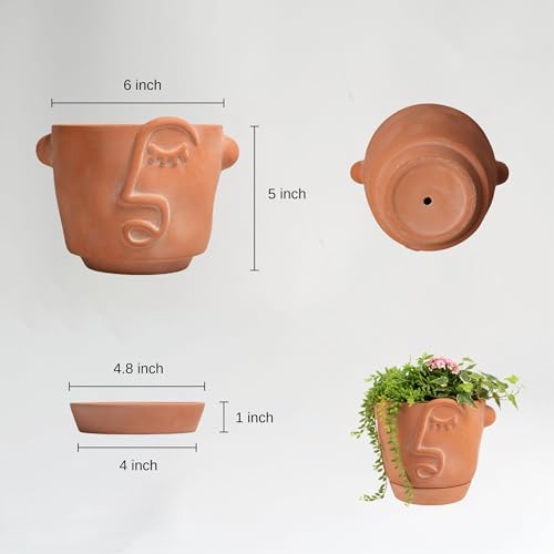 HERDUK 6 Inch Terracotta Abstract Face Planter with Drainage & Saucer – Artistic Ceramic Flower Pot for Indoor Plants, Boho Home Decor, Unique Gift for Plant & Art Lovers - Image 2