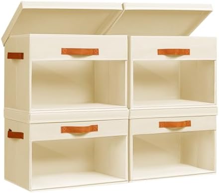 Homsorout Large Storage Bins with Lids - 4 Pack Foldable Decorative Organizers with Clear Windows & Handles, Cube Storage Organizers for Clothes, Blankets, Sweaters, Sheets, Beige by Homsorout