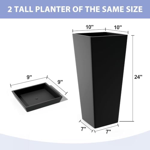 24in Tall Planters Set of 2 with Saucers, Black Classic - Image 3