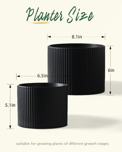Matte Black Ceramic Plant Pots, 8.1 + 6 Inch Planters for Indoor Plants, Modern Flower Pots with Drainage, Two-Sizes Set - Image 2
