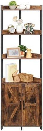 HOOBRO Corner Shelf with Storage, Tall Corner Cabinet, 5-Tier Bookshelf Stand, Storage Cabinet with Protective Fence, for Living Room, Rustic Brown and Black BF78CJ01 by HOOBRO