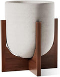 LE TAUCI 10 Inch Planter with Acacia Wood Stand, Ceramic Planters for Indoor Plants, Unique Plant Pots Indoor for Home Decor, Cylinder Pots for Plants with Drainage Hole and Plug, Neutral Gray by LETAUCI