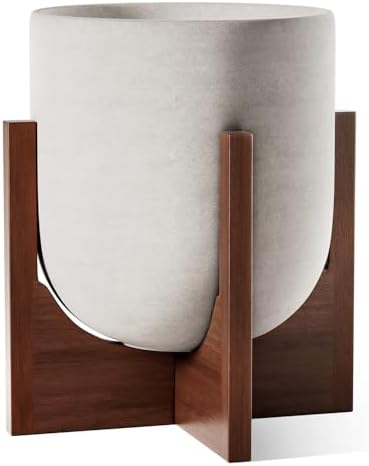 LE TAUCI 10 Inch Planter with Acacia Wood Stand, Ceramic Planters for Indoor Plants, Unique Plant Pots Indoor for Home Decor, Cylinder Pots for Plants with Drainage Hole and Plug, Neutral Gray by LETAUCI