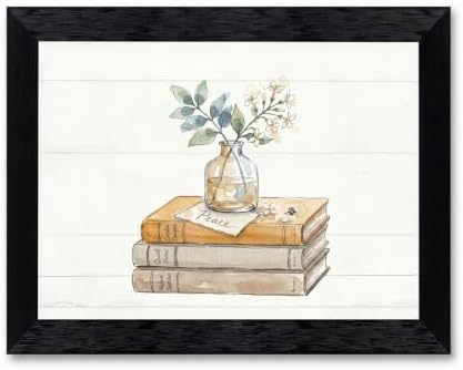 Framed Canvas Wall Art Watercolor Vintage Books and Jasmine Linen Tones with Peace Note Canvas Print Poster Black Frame Wall Decor for Office Study Cozy Library Art, Bookish Decor - Inch 12x16 by Unknown