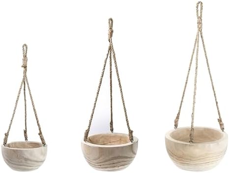 CYS EXCEL Large Wooden Hanging Planter Paulownia Wood Bowl Basket with Jute Rope for Indoor Plants Succulents - Image 5