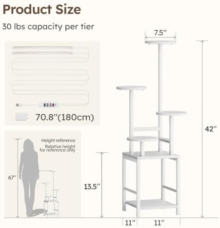 Homsorout Plant Stand Indoor with Grow Light, 5-Tiered Tall Plant Stand Indoor, Metal Plant Shelf with Adjustable Light, Ideal for Living Room, Garden, Round Patio white - Image 6