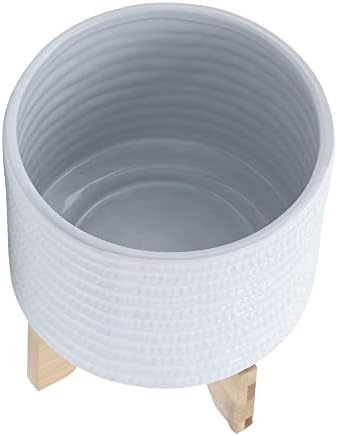 Ceramic Planter with Bamboo Stand – Modern Home Decor Indoor Plant Pot with Textured Stoneware Design – Decorative Planter with Legs for Living Room, Bedroom, Office, Patio, or Garden - 8", White - Image 5