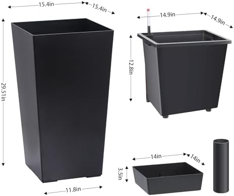 30" Tall Planter Set of 2, Heavy Duty High Planter Pots with Drainage Holes, Water Level Indicator & Removable Inner Bucket, Self Watering Planters for Indoor Outdoor Porch, Patio-Black - Image 2