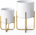 Kirpi Modern Planter Pots, Set of 2 Round White Planters with Gold Stand, Decorative Floor Planters, Steel Pots with Drainage Holes for Living Room, Office, Garden, 7 and 9 Inch Diameter by Kirpi