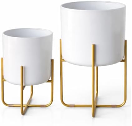 Kirpi Modern Planter Pots, Set of 2 Round White Planters with Gold Stand, Decorative Floor Planters, Steel Pots with Drainage Holes for Living Room, Office, Garden, 7 and 9 Inch Diameter by Kirpi