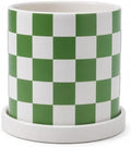 Checkered Ceramic Planter Pot with Drainage Hole and Saucer, Black and White Planters Decor,Indoor Cylinder Round Planter Pot (Green, Medium) by ASLASL