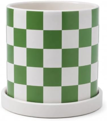 Checkered Ceramic Planter Pot with Drainage Hole and Saucer, Black and White Planters Decor,Indoor Cylinder Round Planter Pot (Green, Medium) by ASLASL