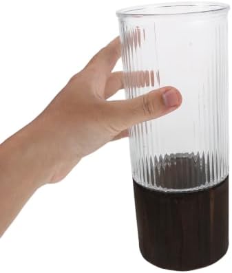 Glass Tube Vase with Wood Stand, Striped Cylinder Decor - Image 4