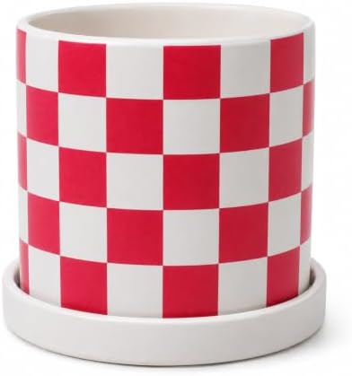 Checkered Ceramic Planter Pot with Drainage Hole and Saucer, Black and White Planters Decor,Indoor Cylinder Round Planter Pot (Red, Medium) by ASLASL