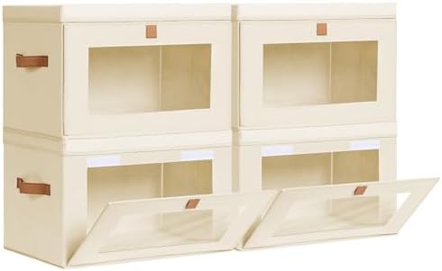 Homsorout Collapsible Storage Bins - Large Closet Organizer with Handles & Window, Decorative Storage Boxes, Fabric Containers for Living Room, Dorm, 4 Pack, Beige by Homsorout