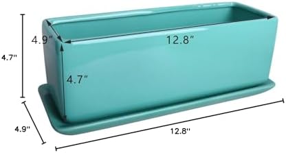Vencer 12 Inch Rectangular Modern Minimalist Ceramic Succulent Planter Pot - Window Box with Saucer,Office Desktop Potted Stand,Turquoise,VF-0135T - Image 7