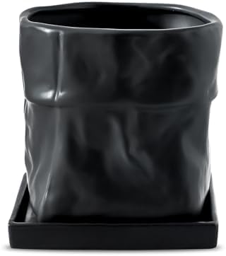 Nihow 6 Inch Ceramic Plant Pot with Drainage & Square Saucer,Black by Nihow